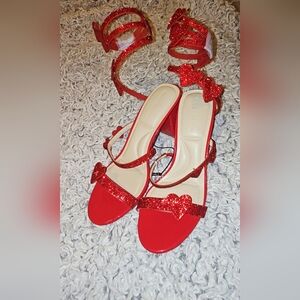 Wild Diva Red Rhinestone Block-Heel Sandals with Heart-Shaped Accents
